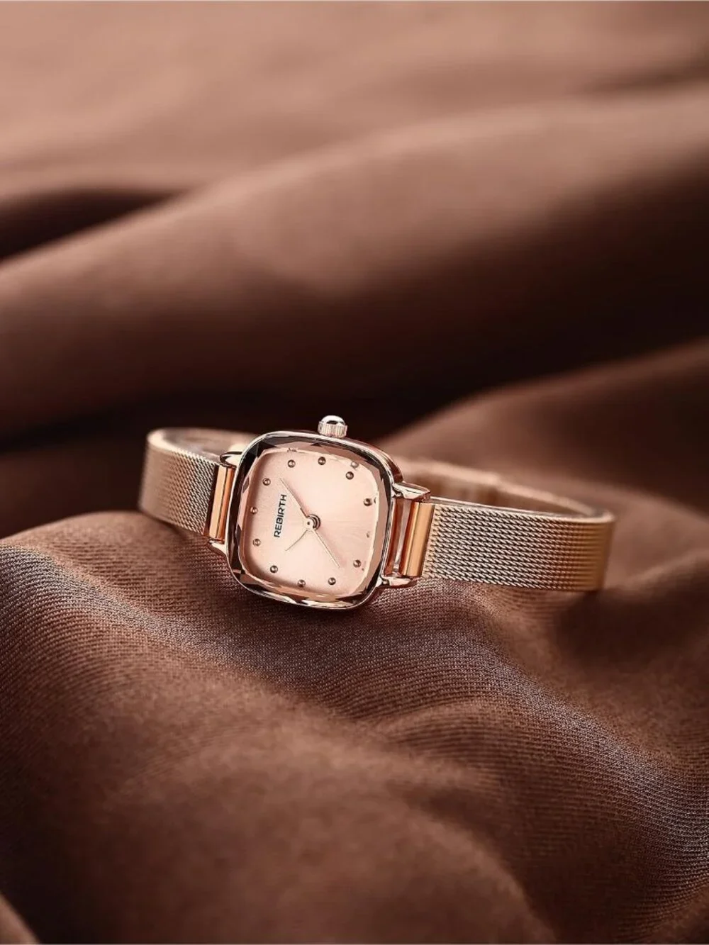 Women's Rose Gold Square Minimalist Dial Mesh Band Crystal Case Wrist Watch